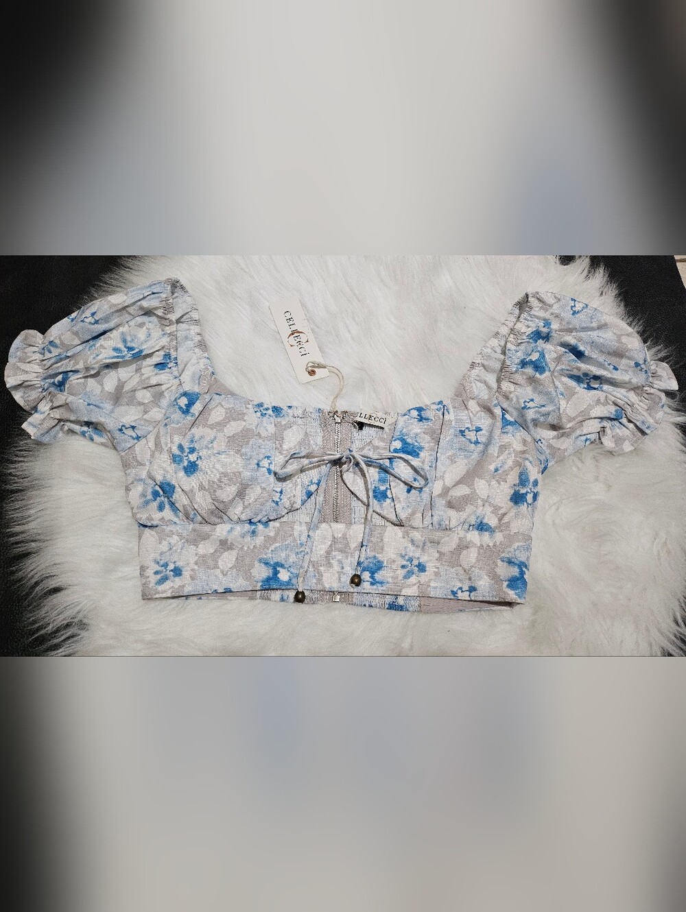 Cellecci Women's Blue Cropped Floral Puff Sleeve Tie Front Ribbed Back Top Small